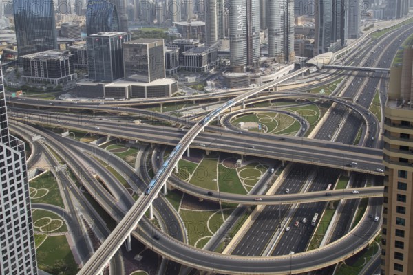 Dubai, United Arab Emirates, July 20, 2018: Aerial view of the Sheikh Zayed Junction with multi-storey bridges, Asia