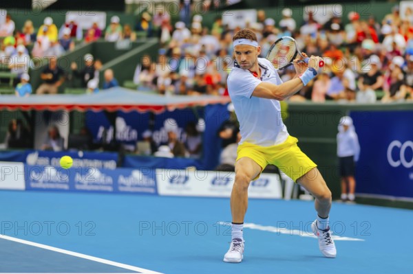 MELBOURNE, AUSTRALIA, JANUARY 16, 2020: Grigor Dimitrov (BUL) hits a backhand to Nick Kyrgios (AUS) at the AgBioEn Kooyong Classic on Day 3 in Melbourne Australia