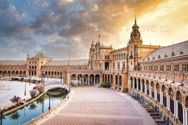 Spain, Seville. Spain Square, a landmark example of the Renaissance Revival style in Spanish architecture, Europe