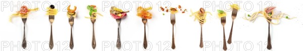 Italian food collage. Pasta design elements. Many forks with pasta and various addings, shot from the top on a white background