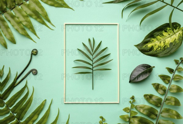 Top view arrangement green leaves with empty frame
