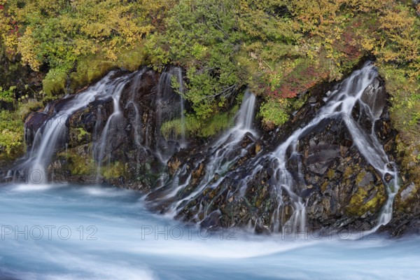 Waterfall Hraunfossar, river Hvita, Iceland, Europe