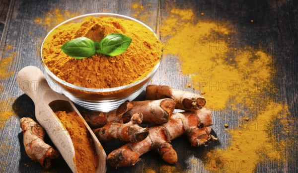 Composition with bowl of turmeric powder on wooden table