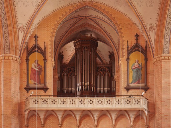 View of the gallery and organ in the church of St Bartholomäi Demmin. Mecklenburg-Western Pomerania, Germany, Europe