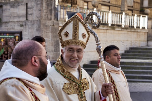 Religious procession to the cathedral of Caltagirone. Sicily Italy. The archbishop of Caltagirone