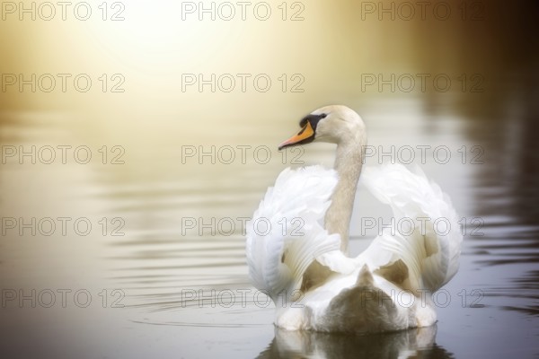 A swan swims on a lake with its wings slightly open