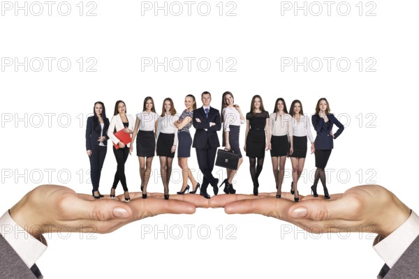 Group of business people stand on human hands over white background