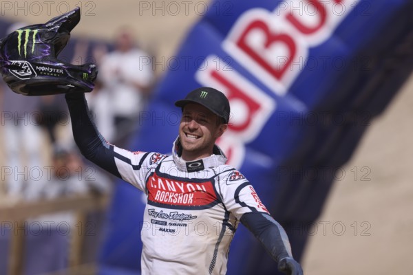 MAYDENA, AUSTRALIA - FEBRUARY 08: Troy BROSNAN of Australia celebrates finishing third in Red Bull Hardline Tasmania on February 8, 2025 in Maydena, Australia, Oceania