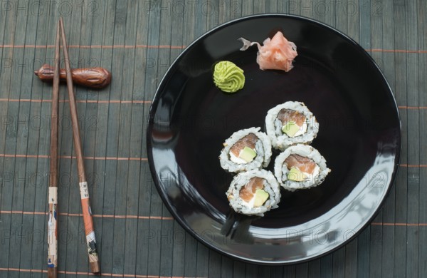 Plate of sushi in restaurant