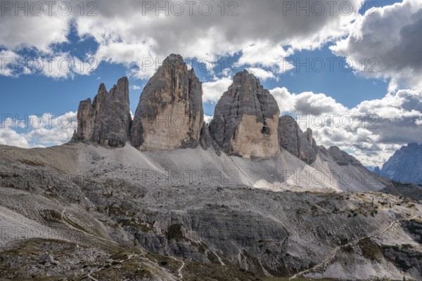 View of the iconic Drei Zinnen mountains in the South Tirolese Dolomite alps, Italy, Europe