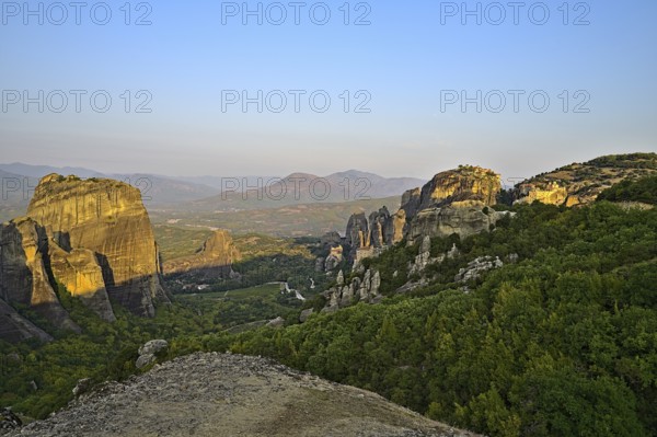 Monastery of Varlaam, Holy Monastery of Saint Nicholas, Monastery of Rousanou and Megalo Meteoro photographed at sunrise
