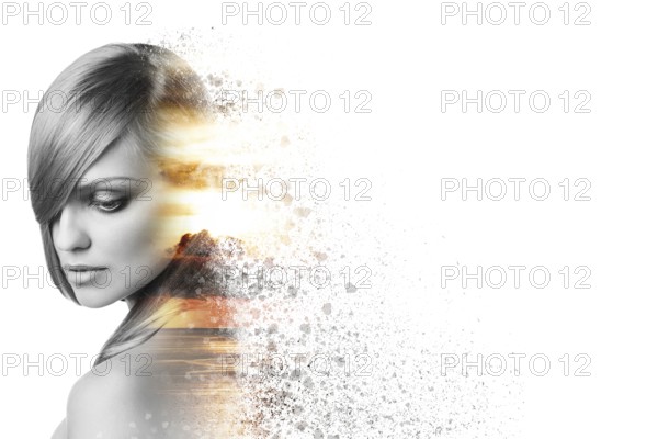 Beautiful woman face in double exposure crushed isolated on white background