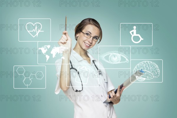 Young female doctor in uniform touch hexagon with icons over gray background. Elements of this image furnished by NASA