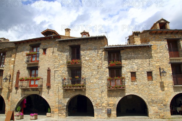 Ainsa medieval romanesque village streets in Huesca Aragon Pyrenees spain