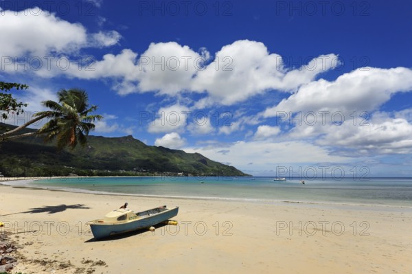 Boat on the beach, Beau Vallon, Mahe Island, the Seychelles, Indian Ocean