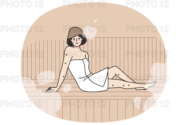Happy young woman in towel relax in sauna enjoy bodycare procedures. Smiling girl rest in bathhouse with hot steam, take acre of health and wellness. Flat vector illustration