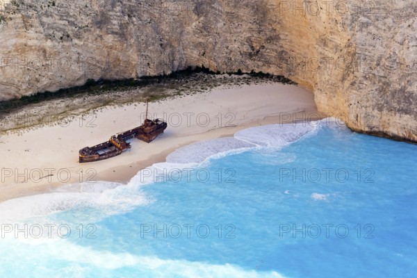 Stranded ship on the island of Zakynthos, Greece, wreck, shipwreck, beach, bay, rocks, Ionian Sea, Navagio Beach Zakynthos, Greece, Europe