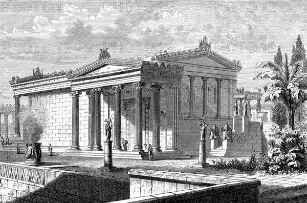 Reconstruction of the Erechtheion or Erechtheum, an ancient Greek temple on the north side of the Acropolis of Athens in Greece