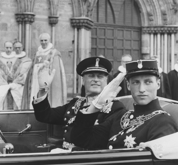 King Harald of Norway. Pictured with his father King Olav V on the day of his coronation becoming king, Trondheim june 22 1958