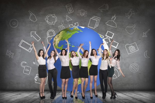 Businesspeople in the gray room and big earth behind . Elements of this image furnished by NASA