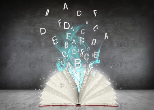Open book with blue smoke lying in the gray room