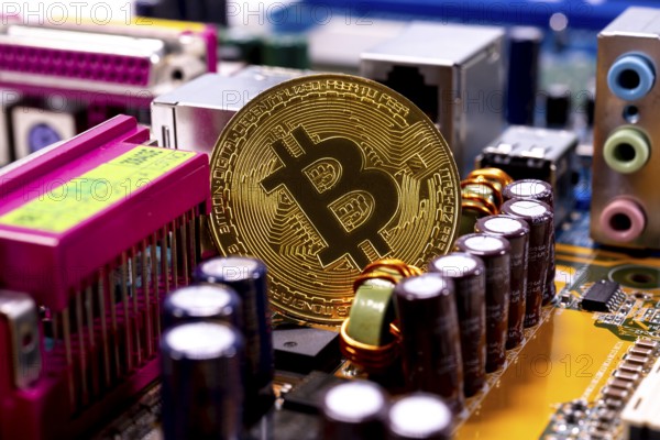 Virtual cryptocurrency money Bitcoin golden coin on a computer printed circuit board PCB. The future of money. Computational equipment