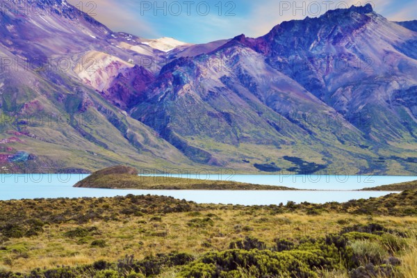 Los Glaciares is Argentina's most beautiful natural park. Huge lake with azure water, arid steppe of Patagonia and the steep slopes of cold mountains. The concept of extreme and photo tourism