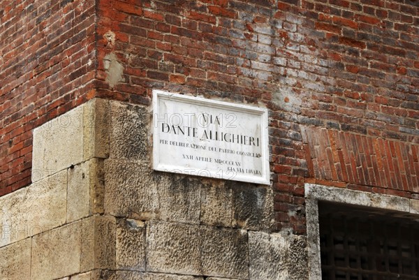 Street name sign Via Dante Allighieri in Verona, Italy, Europe