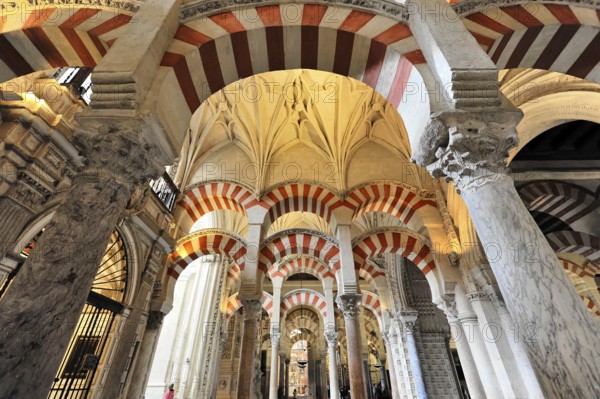 La Mezquita, Mosque, Cathedral of Cordoba, Cordoba, Andalusia, Spain, Europe, Mosque interior with ornately carved stone arches, Europe