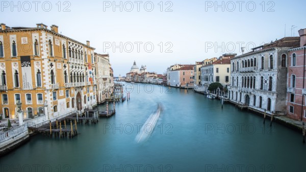 View from the Ponte dell'Academia onto the Grand Canal and the Basilica di Santa Maria Della Salute, long exposure, panoramic shot, Venice, Italy, Europe