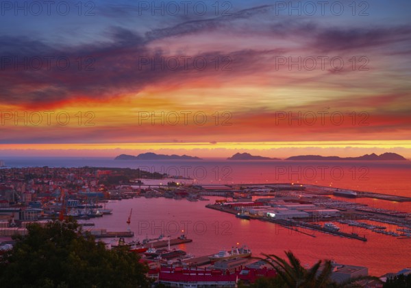 Vigo skyline and port sunset in Galicia of Spain