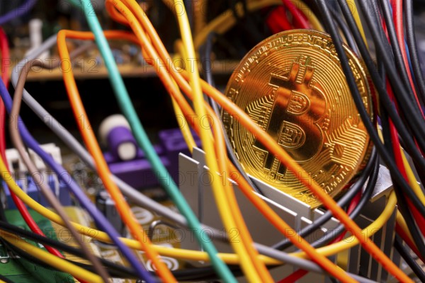 Virtual cryptocurrency money Bitcoin golden coin on a computer printed circuit board PCB surrounded by different colorful cables. The future of money. Computational equipment