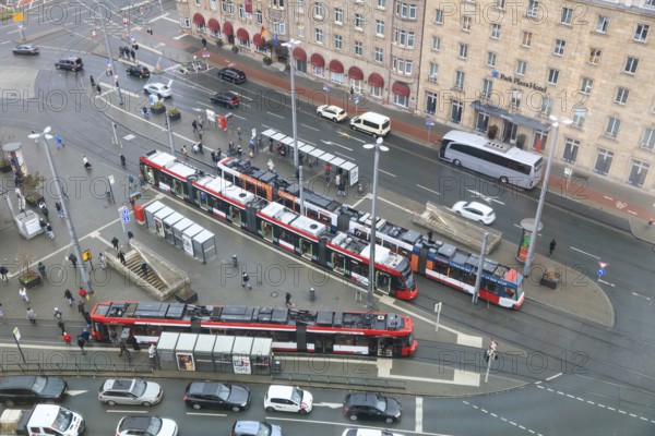 Bird's eye view of station square with trams and car traffic, Nuremberg, Middle Franconia, Franconia, Bavaria, Germany, Europe