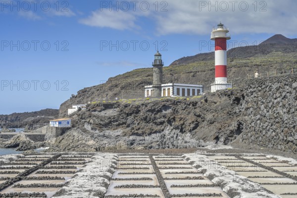 Sea salt extraction, Fuencaliente salt works, Faro de Fuencaliente lighthouses, La Palma, Spain, Europe