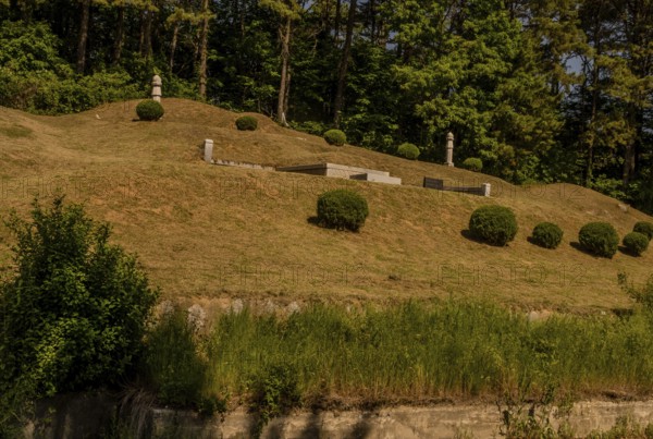 Daejeon, South Korea, May 26, 2019: Marked burial mounds in family graveyard located on forested mountain hillside, Asia