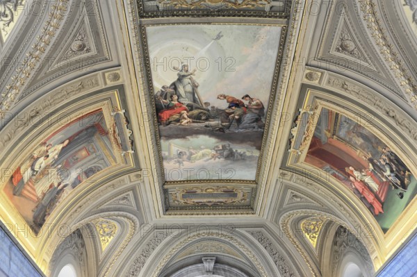Vatican Museums, Vatican, Rome, Italy, Artistic ceiling painting with biblical figures and scenes, framed by decorative patterns, Vatican, Rome, Lazio, Italy, Europe