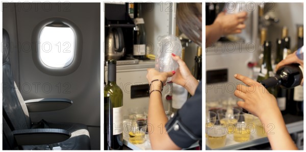 Passenger seat in an airplane. Stewardess poured drinks. Tree images