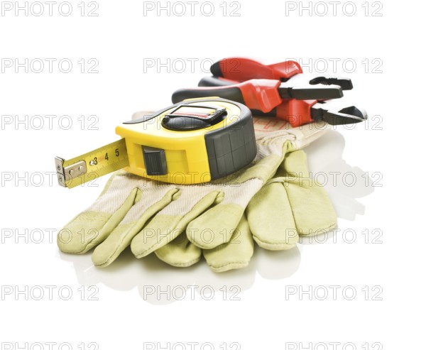 Pliers and tapeline on gloves