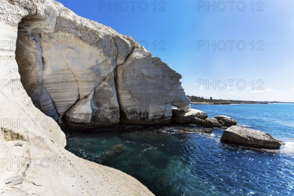 Magnificent color of sea water - from turquoise to dark blue. Grottoes Rosh a Nikra - geological formation in northern Israel. The concept of active, eco and photo tourism