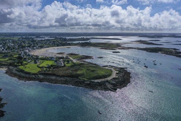 Aerial view of the coast of Plouguerneau with offshore islands at the mouth of the English Channel into the Atlantic Ocean, Leon, Finistere Penn-ar-Bed department, Bretagne Breizh region, France, Europe