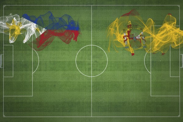 Philippines vs Spain Soccer Match, national colors, national flags, soccer field, football game, Competition concept, Copy space