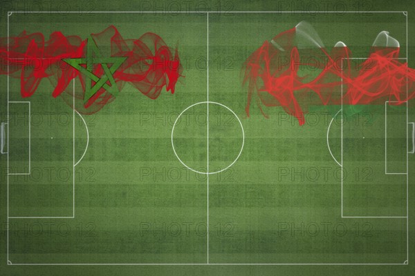 Morocco vs Oman Soccer Match, national colors, national flags, soccer field, football game, Competition concept, Copy space