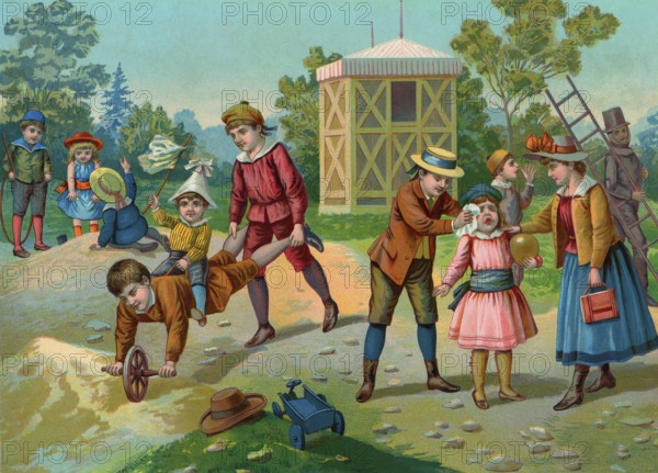 Old illustration. On this British 19th century illustration children are playing outdoors with typical toys of the time. A happy summer scene