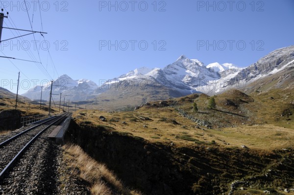Bernina railway line via the Hospitz to Posciavo. Bernina railway tracks since 100 years connecting Engadin and Posciavo/Tirano