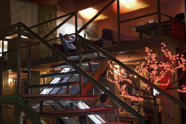 Two level restaurant interior with staircase and tree lamp