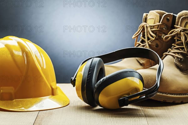 Yellow construction earphones helmet and working boots