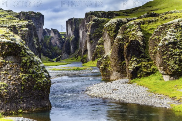 The sheer cliffs covered with green moss enclose the channel of the brook with melted water. The beginning of the canyon Fyadrarglyufur, Iceland. The concept of active, eco and photo tourism