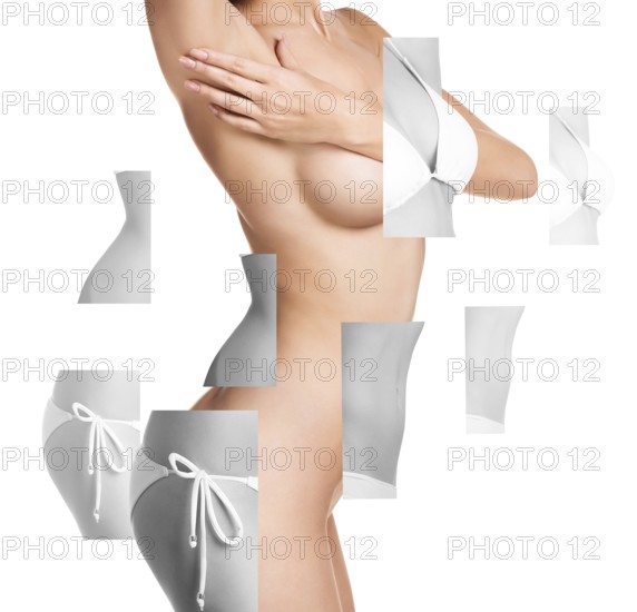 Plastic correction concept. Female body with parts isolated on white background