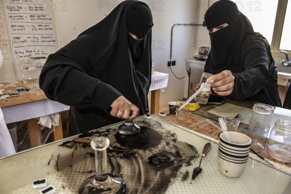 Production of watercolour paints from sandstone, Madrasat Ad Deera, College of Craftsmanship, Al Jadidah art district, Al Ula, Saudi Arabia, Asia