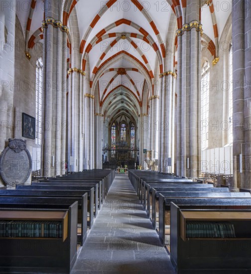 The Divi Blasii Church is a three-nave, cruciform hall church on the Untermarkt square in the town of Mühlhausen in Thuringia. The elaborately designed façade with tracery, pinnacles and a wheel window on the north side is located on an old trade route, Divi Blasii Church, Mühlhausen, Thuringia, Germany, Europe